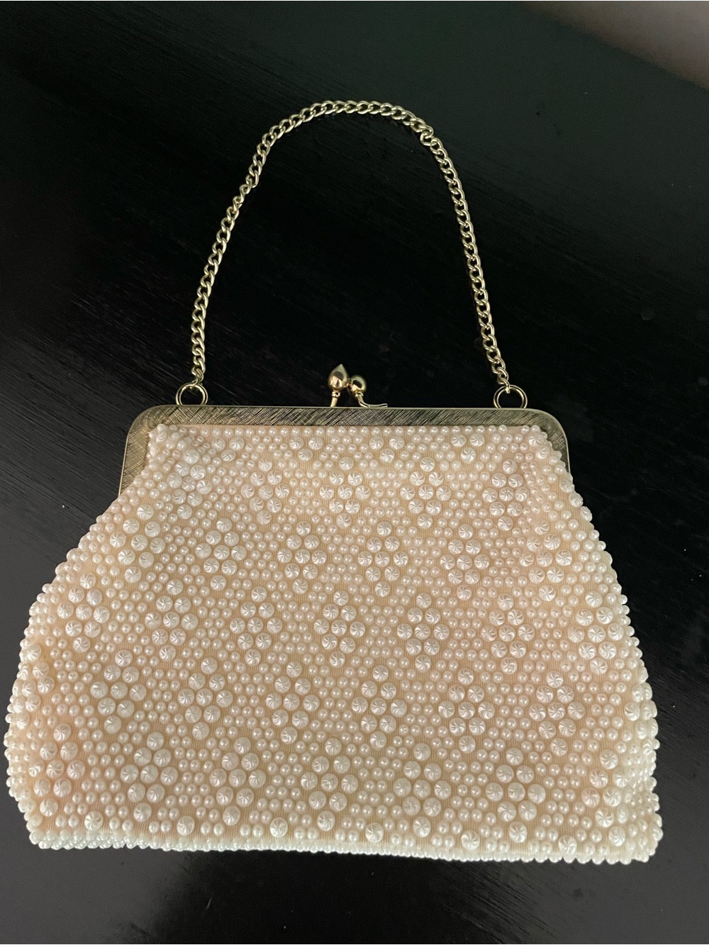 Vintage 1950s Embellished Ivory Evening Clutch with Gold Chain -Bride Gift
